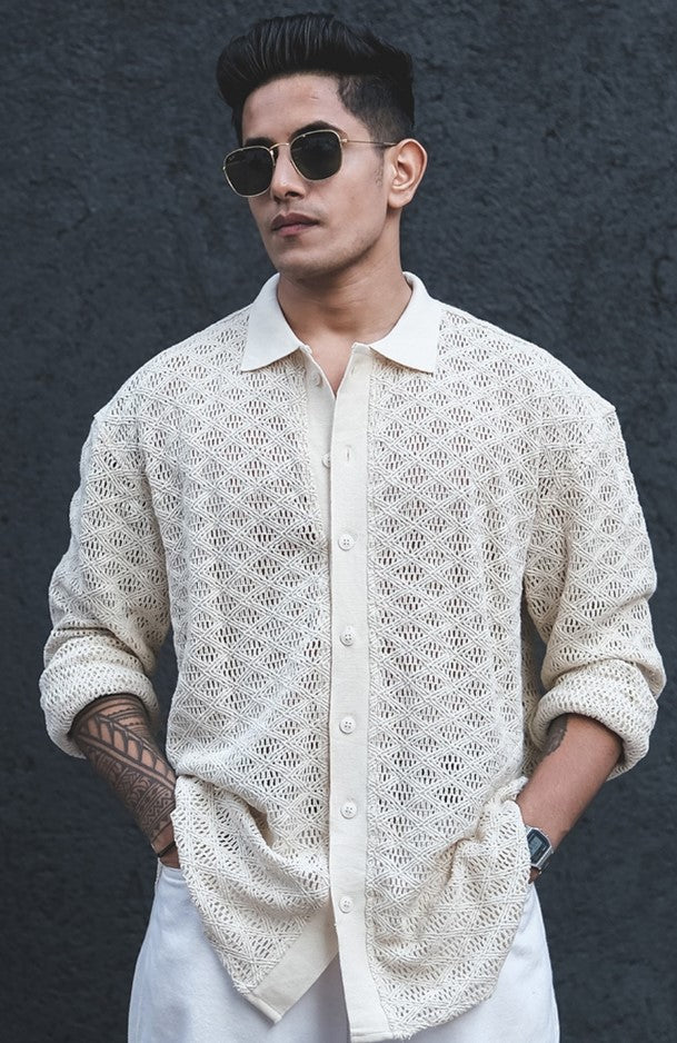 Men's Korean Pants & Crochet Semi Sheer Shirt