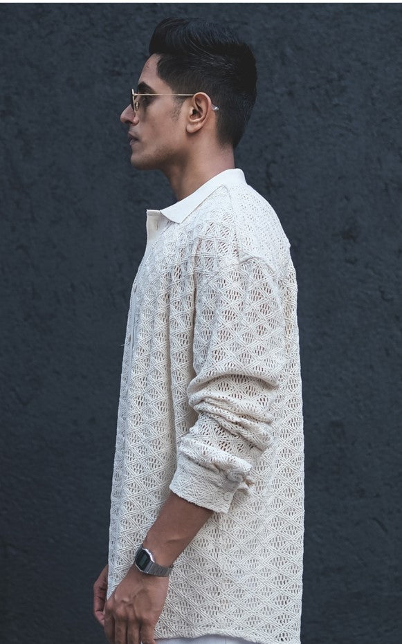 Men's Korean Pants & Crochet Semi Sheer Shirt