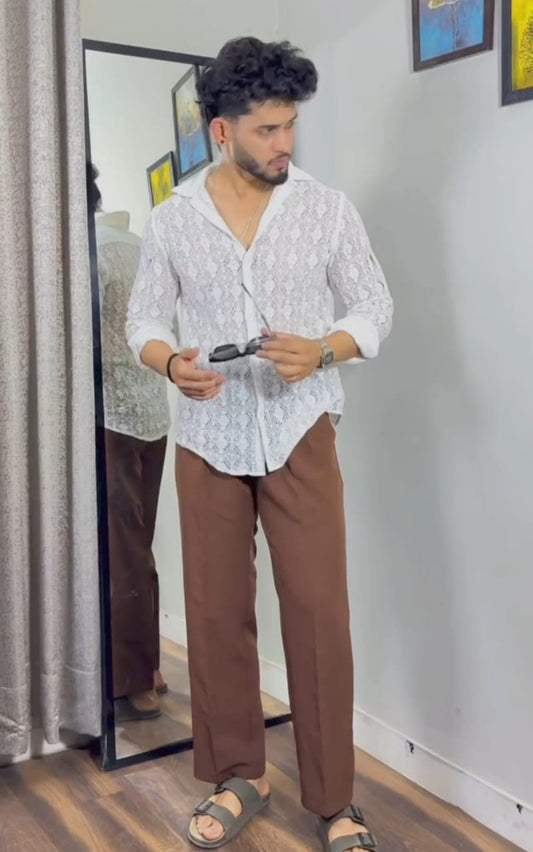 Men's Korean Pants & Crochet Semi Sheer Shirt