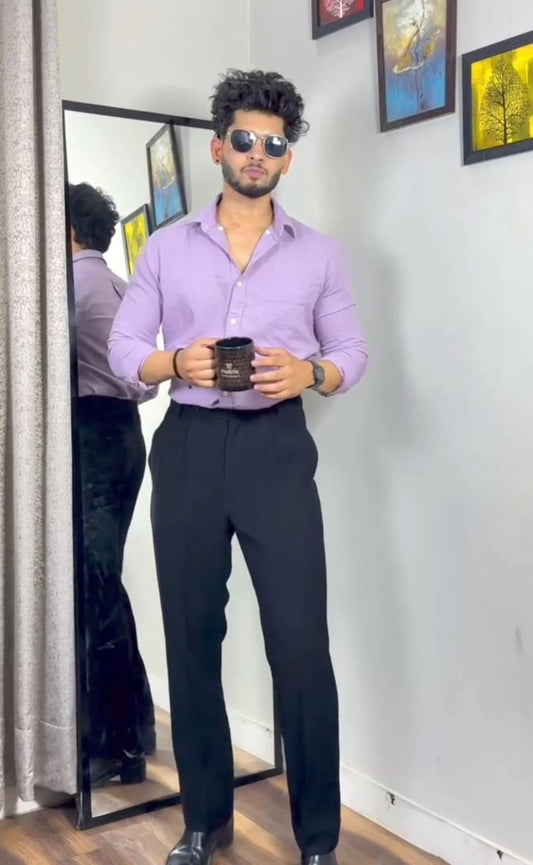 Men Slim Fit Regular Trousers & Spread Collar Casual Shirt