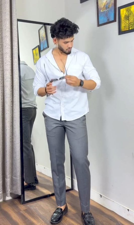 Men Slim Fit Formal Trousers & Cotton Plain Shirt